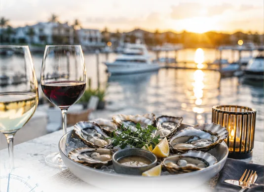 Oysters and wine overlooking Hope Island Marina at sunset
