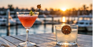 Two cocktails on a table overlooking the marina