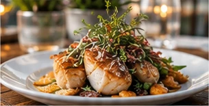 Plated seafood dish with herbs and fresh vegetables