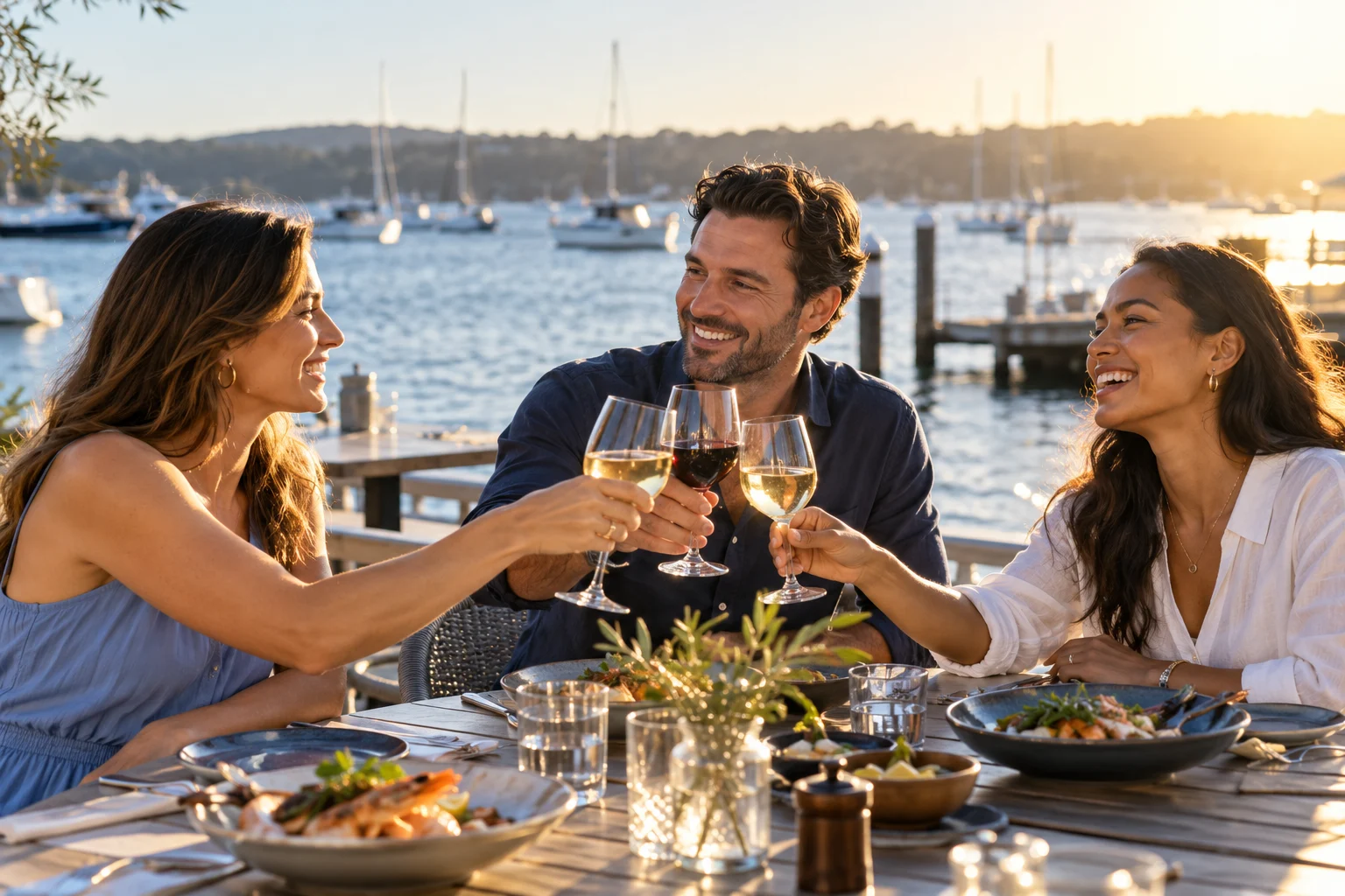 Illustrative scene of friends toasting with wine beside a marina