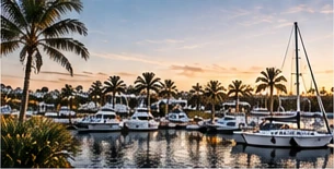 Boats moored at a palm-lined marina at sunset