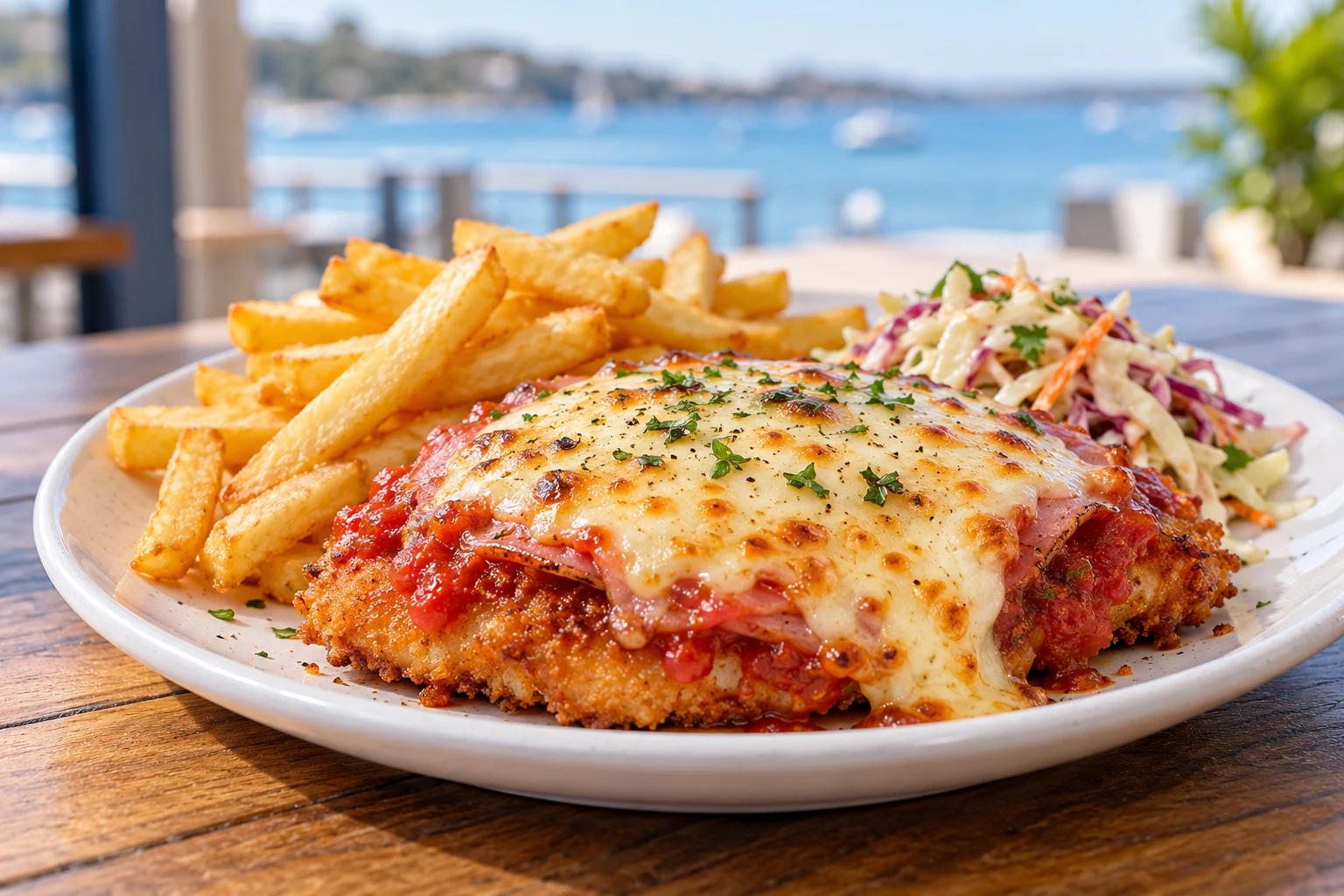 Illustrative classic chicken parmigiana served with fries and coleslaw